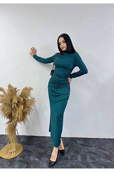 SHEZAN MODA Women's Petrol Green Long Sleeve Drape Detail Buzzy Fabric Maxi Dress Bb-10004764