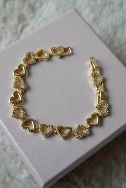 Minimo Çelik Kalp Sıralı Taşlı Gold Bileklik