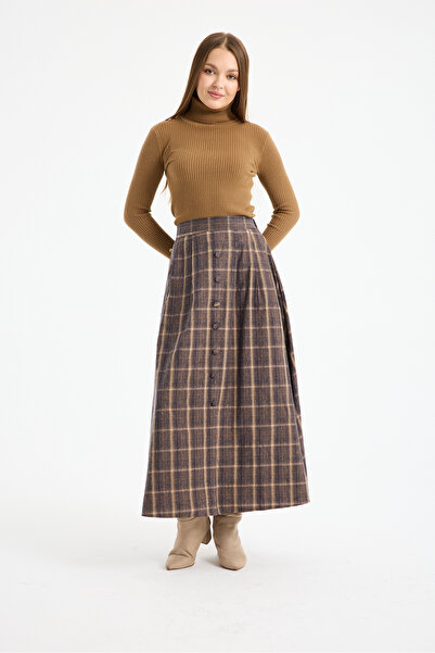 LE CARAMBOLE Women's Brown Pocketed Button Detailed Long Plaid Skirt