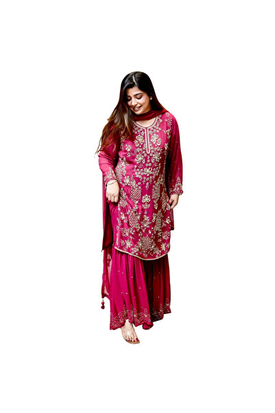 MYSMAR Pink Faux Georgette Top Sharara & Dupatta - HRT5347 | Pink