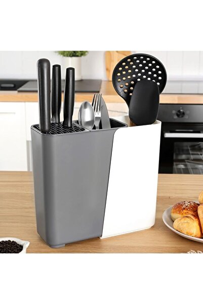 Zengin Çarşım Adjustable Sliding Cutlery Holder Knife Holder Organizer, 2-3 Compartment Countertop Stand (Grey)