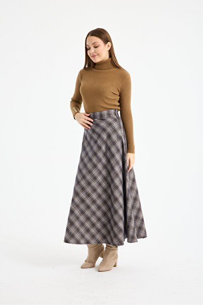 LE CARAMBOLE Women's Mink Long Plaid Skirt