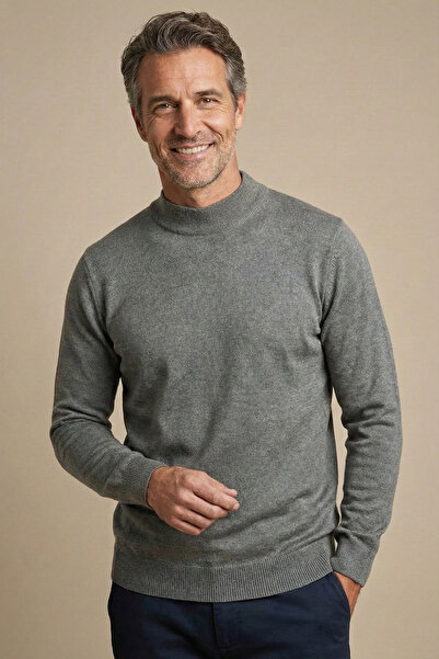 nacar çarşı Men's Dad Gray Solid Color Half Turtleneck Knitwear Sweater