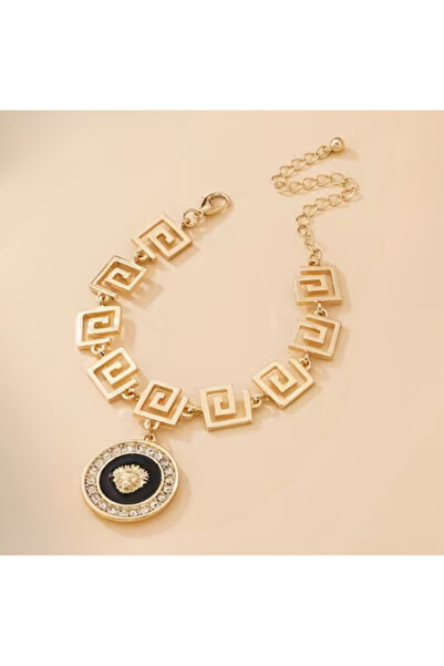 -VINTAGE ESİNTİLİ TAŞLI ASLAN BAŞLI 18K ALTIN KAPLAMA GEOMETRİK TASARIM BİLEKLİK