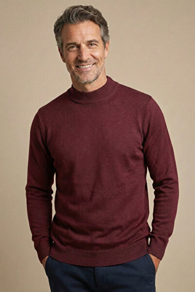 nacar çarşı Men's Dad Burgundy Solid Color Half Turtleneck Knitwear Sweater