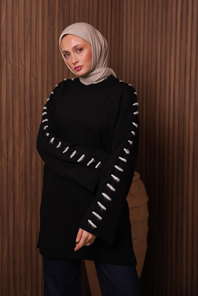 Mogi Butik Bowknot Detailed O Oversized Soft Hijab Knitwear Tunic 3144