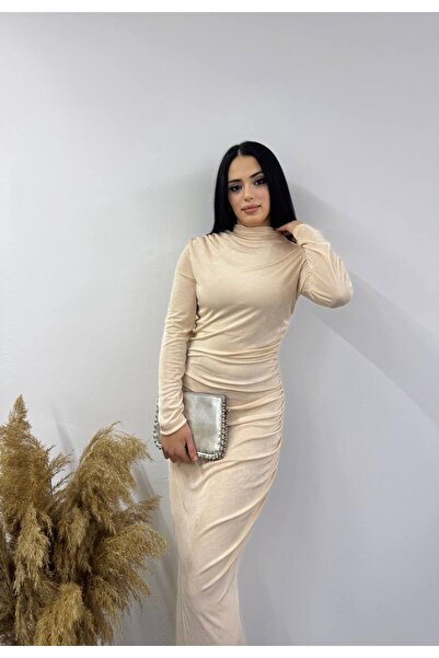 SHEZAN MODA Women's Beige Long Sleeve Drape Detail Buzzy Fabric Maxi Dress Bb...