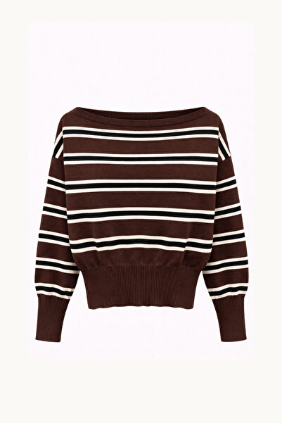 Mixray 6988 Women's Asymmetrical Rib Cut Boat Neck Knitwear Sweater Dark Brown