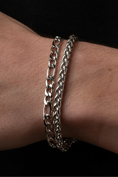 Takı Dükkanı Pair of Double Steel Bracelets Unisex Men's Bracelet Chain Tag Set Ack06-01-S