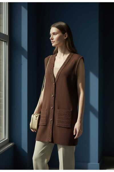 ENDAMIM Women's Boat Neck Long Knit Vest Sleeveless Buttoned Pocketed for Daily Use