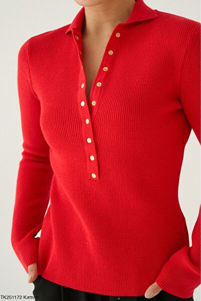 CADDELAMODA Women's Polo Neck Snap Fastener Knit Sweater