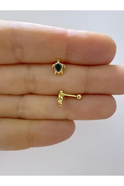 Arescollection 1 adet yeşil zirkon taşlı kaplumbağa tragus helix lobe uyumlu ...