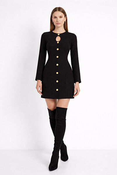 MİLLA Gold Düğme Detaylı Siyah Mini Elbise