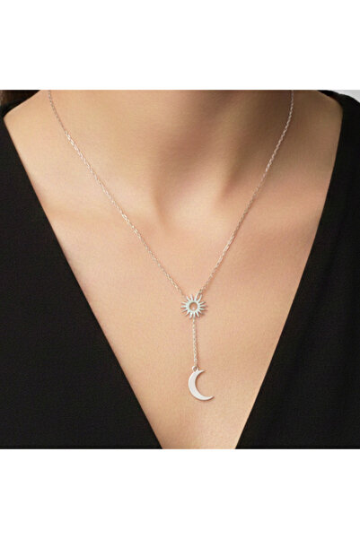 hand-iz 925 Ayar Gümüş Zincirli Güneş İçinden Geçen Ay Kolye