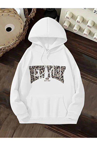Cool & Sexy Leopard Detail New York Printed Oversized 3 Thread K Hooded Sweat