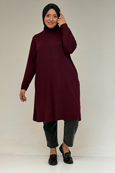 Eslina 58175 Plus Size High Neck Basic Combed Cotton Tunic - Burgundy