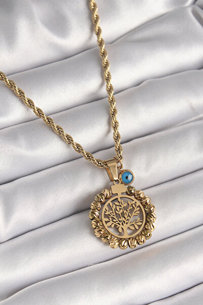 norsary 316L Steel Gold Color Twist Chain Dorica Tree of Life Figure Evil Eye Bead Detail Women's Necklace