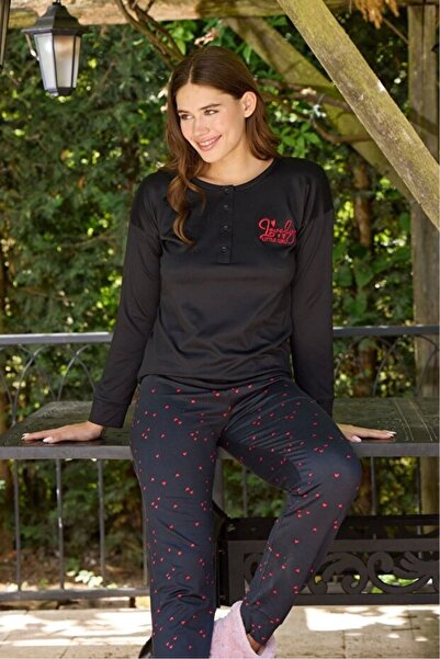 Tusebu Women's Long Sleeve Buttoned Pajama Set – Black, Patterned Bottom, Comfortable Fit