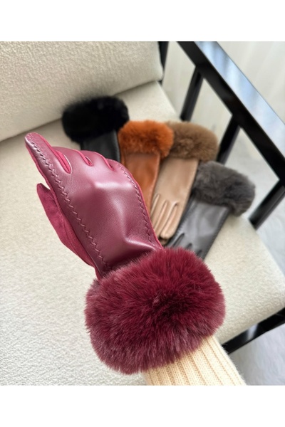 FUNDA AKIN Mi Luz Aksesuar Deri Bileği Kürklü Bordo Eldiven