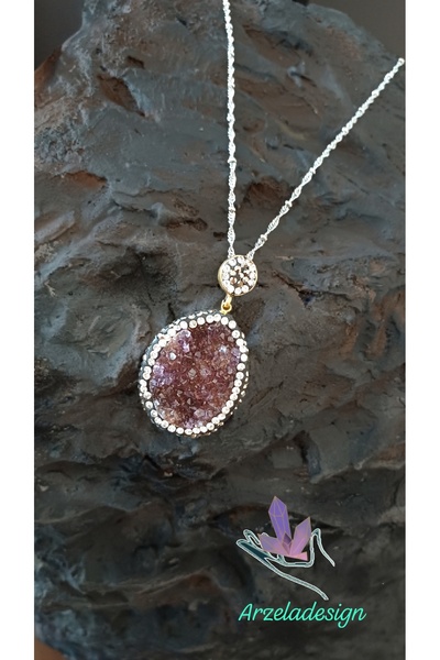 arzela Doğal Taş AMETİST KRİSTAL Kolye Çelik Zincir Doğal Kesim