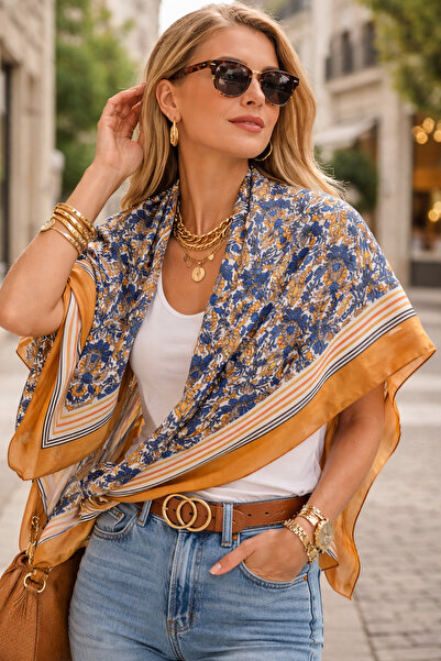 We Concept Kadın Çiçek Desenli Şal - Renkli Bordurlu, İpek Dokulu Şık Boyun v...