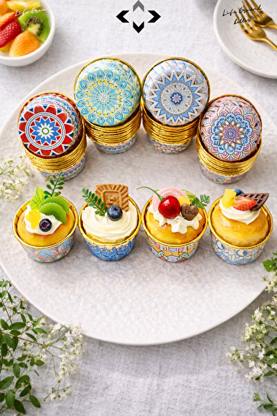 LİGROUND Oriental Patterned Metallized Gold 12-Piece Muffin & Cupcake Baking Mold Paper Oven and Presentation
