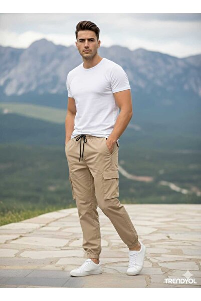 PENGORA Men's Cargo Pocket Summer Side Pocket Elastic Waist Relax Fit Comfortable Cut Elastic Cuffed Trousers