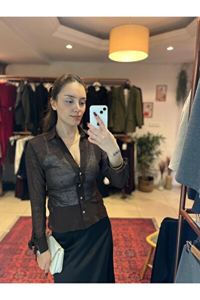 Başak Bulut Butik Kol Detaylı Kahverengi Transparan Gömlek