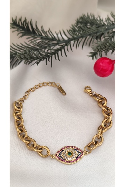 DİAVENTA TAKI VE AKSESUAR 100% Steel Evil Eye Chain 316L Steel Bracelet Does Not Tarnish Does Not Fade 17+5 cm
