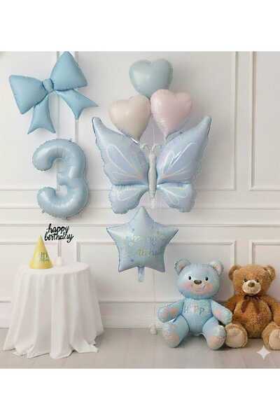ÇITIPITISTORE mavi renk kelebek fiyonk ayrı folyo rakamlı doğum günü parti seti