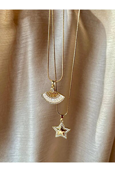 D&Z ACCESSORİES 2'li Gold Kolye Seti | Beyaz Yelpaze Kolye , Zirkon Taşlı Yıldız Gold Kolye Çelik Set