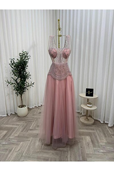 NALA FASHION Pink sleeveless evening dress with luxurious pearl embroidery