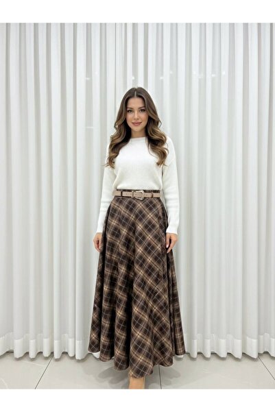 Fibula Yüksek bel ekose kemerli uzun verev astarlı etek