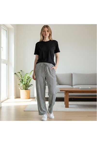 DLC Tekstil Pantaloni sport din poplin de bumbac cu dungi și talie elastică