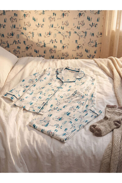 LC Waikiki Özmarka New Season Shirt Collar Christmas-Themed Women's Pajama Set