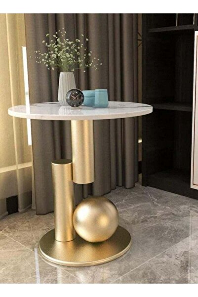 Genericc Side Table Marble Alternative with Gold and White Metal - 50×60 cm