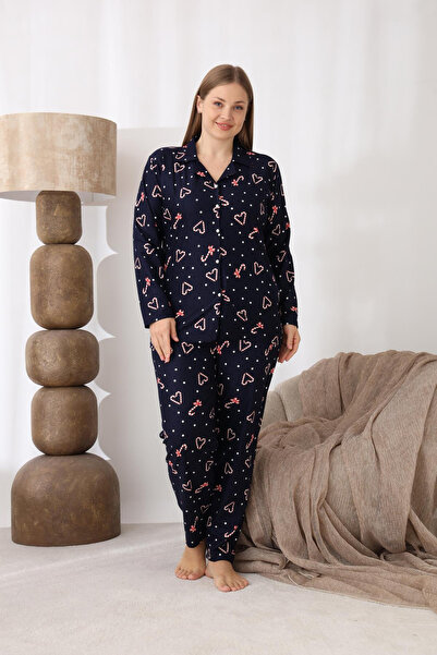 Boyraz homewear Buttoned New Year's Themed Suede Fabric Plus Size Women's Navy Blue Pajama Set 0515