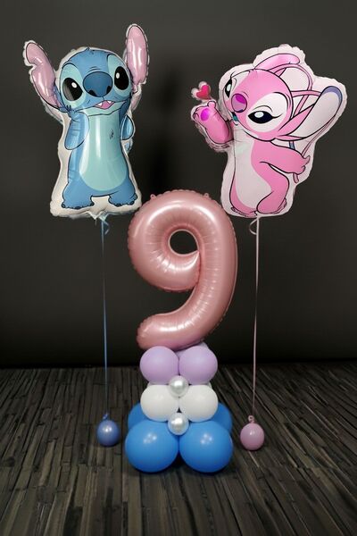 PARTİAVM 9 Year Old Lilo and Stitch Birthday Concept Pink Number Balloon Colu...