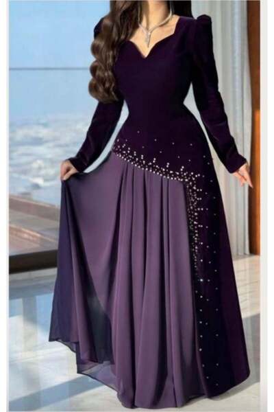 TREN Purple Rhinestone Evening Dress Long Sleeve A-Line Maxi Gown V-Neck Formal for Women
