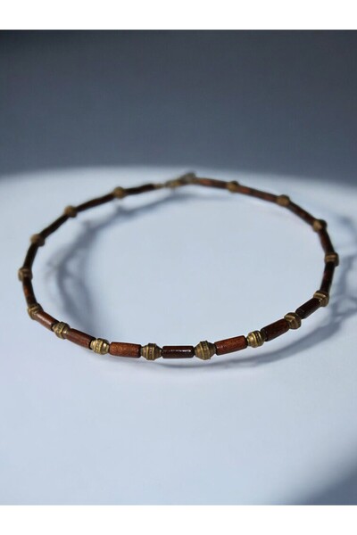 DEHNA Ahşap Bambu Boncuklu Kahverengi Erkek Kolye Antik Sarı Bijuteri Boncukl...