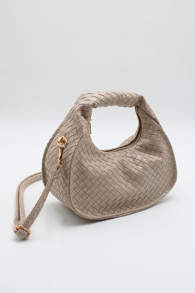 LASSO Women's Beige Braided Soft Leather Zippered Crossbody Hand and Shoulder Bag