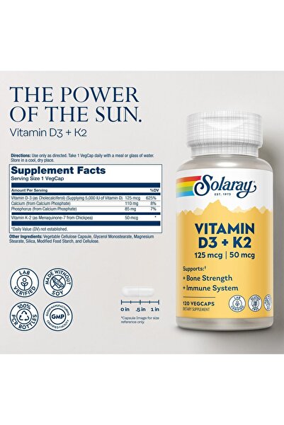 Solaray Vitamin D3 K2 MK7 Bone Health Immune Support 5000 IU 120 Caps