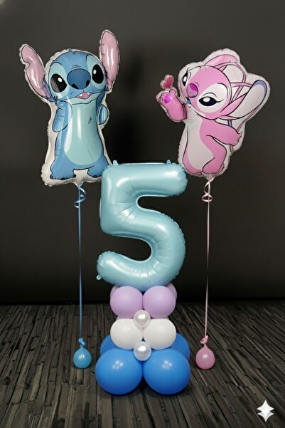 PARTİAVM 5 Year Old Lilo and Stitch Birthday Concept Blue Number Balloon Column Flying Balloon Set of 2 Stitch and Lilo