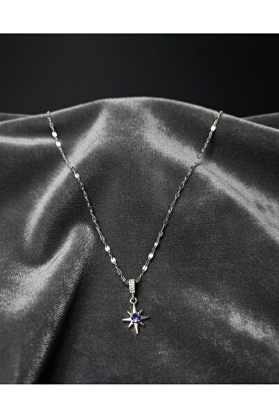 Store Zirkon Taşlı Mor Detaylı Kutup Yıldızı Kolye - Gümüş Renk İnce Zincir