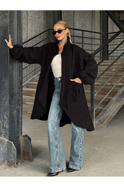 Cool & Sexy معطف ذو جيوب مزدوجة واسعة من قماش بوكلت سميك موسمي باللون الأسود