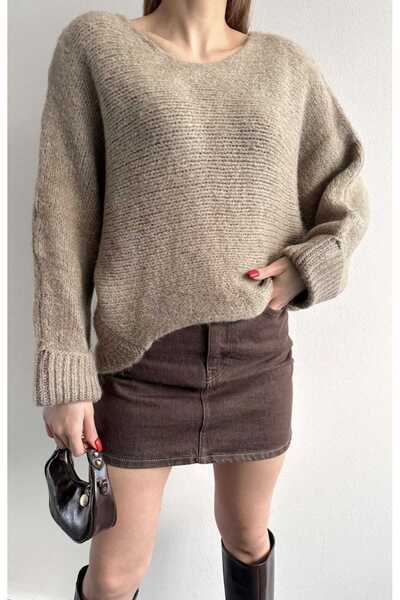 yeditepe fashion Boat Neck Sleeve Layered Thick Knit Sweater