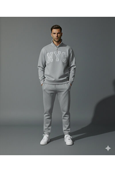 ALİ.COM Three Thread Half Zipper Inside Cotton Nyc B Printed O Oversized Tracksuit Set