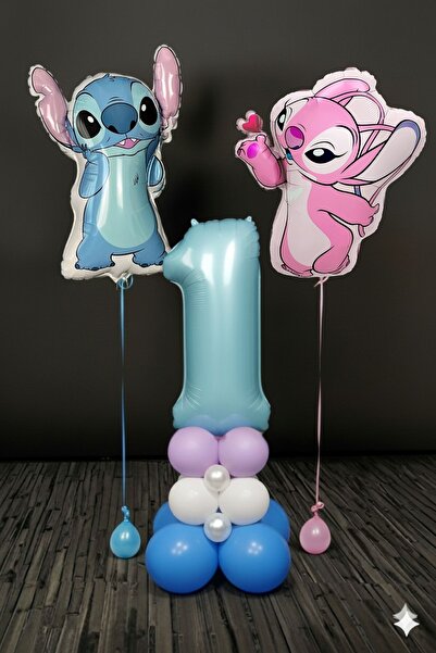PARTİAVM 1 Year Old Lilo and Stitch Birthday Concept Blue Number Balloon Column Flying Balloon Set of 2 Stitch and Lilo
