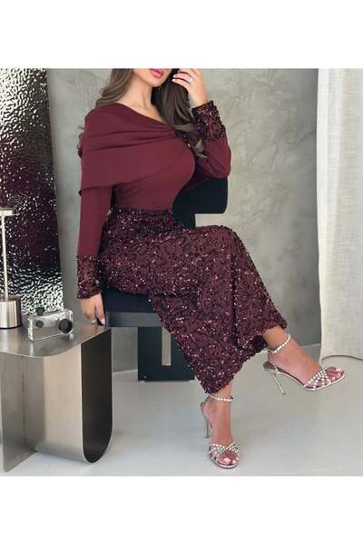 Liva Elegant burgundy evening dress with shimmering embroidery