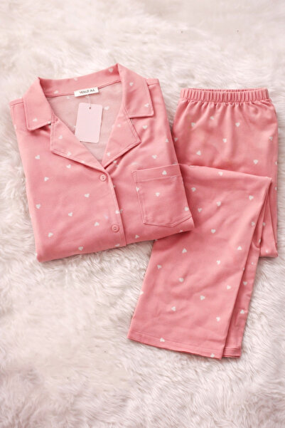 FK Πιτζάμες με ροζ σχέδιο καρδιάς, αισθητική με κουμπιά μπροστά, ψηλόμεση, μεγάλο μέγεθος